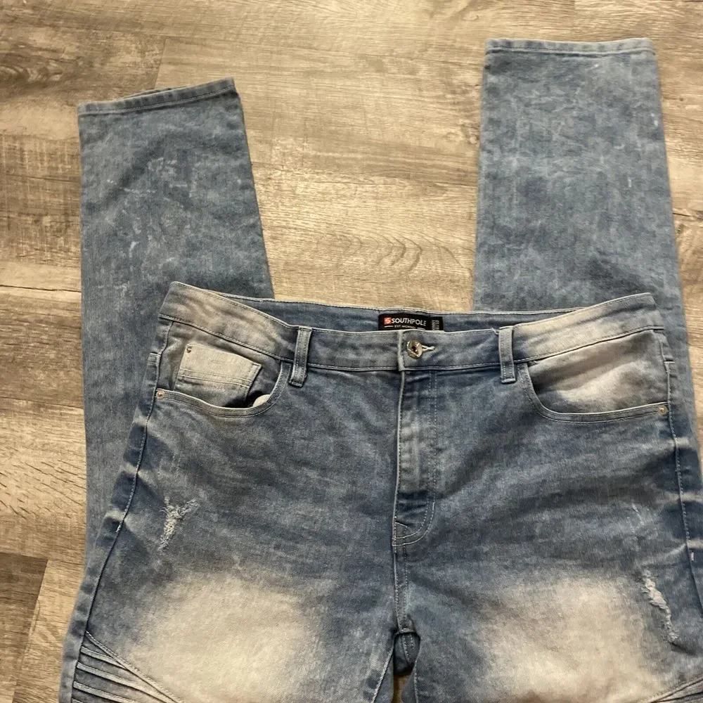 Southpole Skinny Jeans Men's Size 38x32 Y2K Distressed Ribbed Light Wash Hip Hop